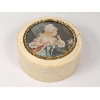Ivory Round Box Carved Miniature Woman Stitched Interior Scene Nineteenth