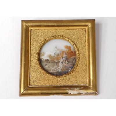 Miniature Peinte Femmes Baigneuses Paysage Montagnes Lac Romantique XIXème