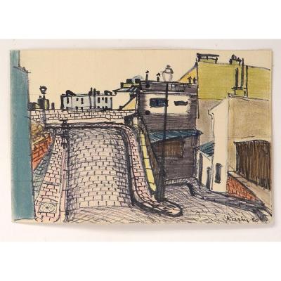 Pastel Drawing Karin Van Leyden View Paris Montmartre 1950 XXth