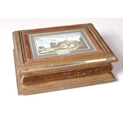 Coffret Boîte Ouvrage Anglaise Carton Papier Gaufré Doré Gravure XIXème