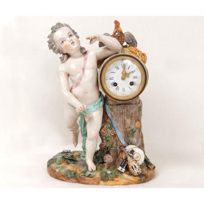 Pendulum Porcelain Angelot Putti Allegory Music Tambour Rooster Nineteenth