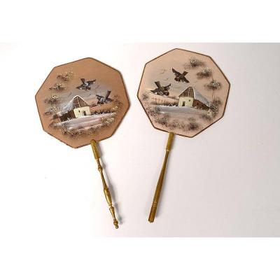 Pair Of Hand-held Fan Screens Golden Wood Gouaches Birds XIXth Century