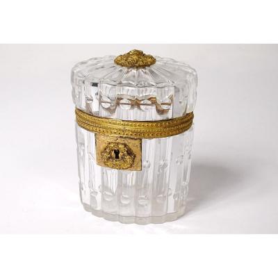 Coffret Boîte Ovale Charles X Cristal Taillé Laiton Doré Fleurs XIXè Siècle