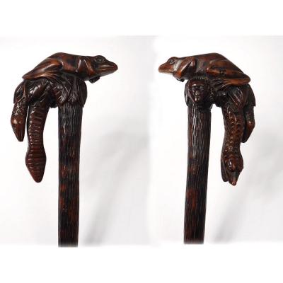 Cane Popular Art Wood Carved Snakes Frog Monkey XIXth Century