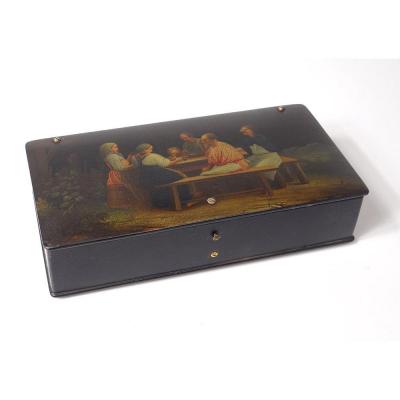 Box Box Russian Lacquered Wood Lukutin Characters Table Landscape XIXth