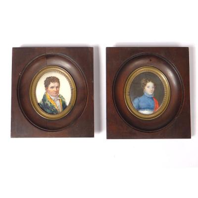 Paire Miniatures Portraits Couple Notable Femme Directoire Empire 18è 19è