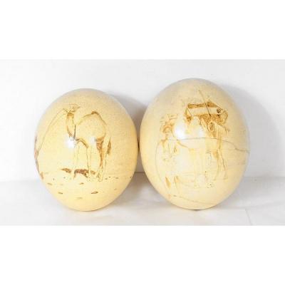 Pair Ostrich Eggs Orientalist Bedouin Camel Signed Nineteenth Time