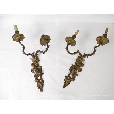 Paire d'Appliques époque Louis XV Ange Putti Feuillages Acanthe XVIIIème