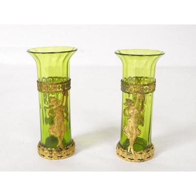 Pair Of Green Golden Brass Vases Decor Women Nineteenth