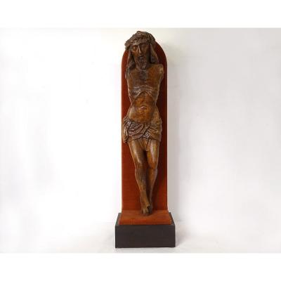 Large Christ Crucifix Statue Carved Wood 82cm Early 17th Century