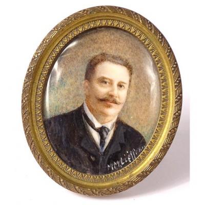 Miniature Painted Oval Portrait Man Notable Tie Signed Nineteenth Frame