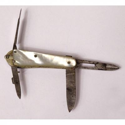 Petit Couteau Pliant Canif Miniature Nacre Ciseaux XIXème Siècle