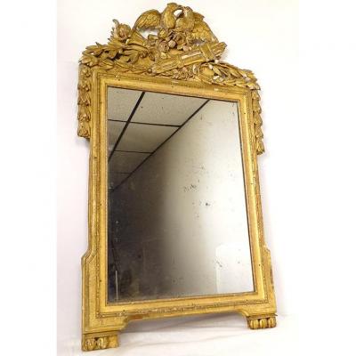 Large Louis XVI Mirror Golden Carved Wood Birds Quiver Flambeau XVIIIth