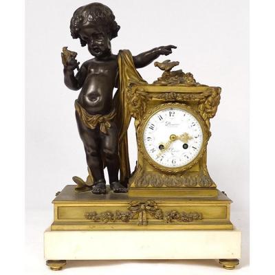 Large Bronze Pendulum Cherub Bird Aries Denière Paris Napoleon III 19th