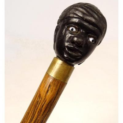 Old Cane Blackened Wood Knob Carved Black Man Head XIXth Century