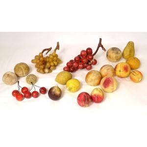 Ensemble 21 Fruits Marbre Carrare Polychrome Raisins Pêches Cerises XIXème