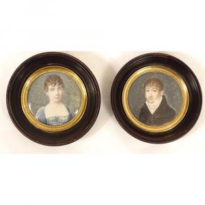 Pair Miniatures Portraits Couple Nobles Aristocrats Hamm Empire Nineteenth