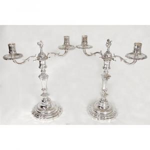 Pair Regency Candlesticks 2 Candelabra Lights Silver Bronze Nineteenth