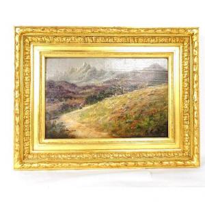 Hsp Table R. Gourdon Landscape Mountain View Village Golden Frame Nineteenth Century