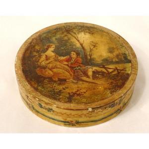 Round Box Ivory Painted Gallant Scene Couple Characters Nineteenth Landscape