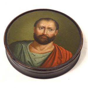 Round Box Lacquered Wood Portrait Antique Man Aristide Napoleon III Nineteenth