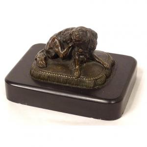 Bronze Dog Paperweight Sculpture Black Marble Cushion XIXth Century