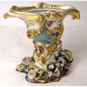 Vase Décoratif Porcelaine de Paris Jacob Petit Dorure Fleurs XIXème Siècle
