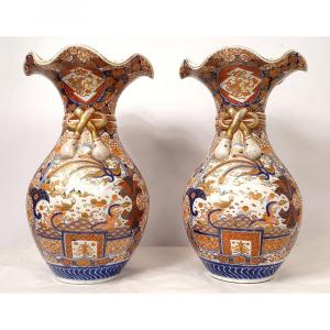 Pair Large Imari Porcelain Vases Japan Dragon Phoenix Gilding XIXth Century