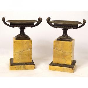 Pair Decorative Cassolettes Marble Siena Bronze Restoration XIXth Century