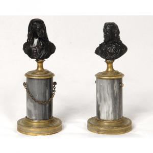 Pair Busts Philosophers Writers Molière Descartes Bronze Marble Nineteenth