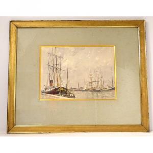 Watercolor Marine View Port Boats Sailboats North Europe Netherlands XIXth