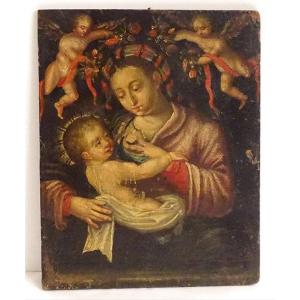 HSP Portrait Vierge à l'Enfant Jésus Madone école Italienne Putti XVIIIème