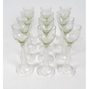 Série 12 Verres à Pied Vin Cristal Taillé Couleur Verte Fin XIXè Début XXè