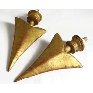 Pair Decoration Elements Curtain Rods Golden Wood Arrows XIXth Century