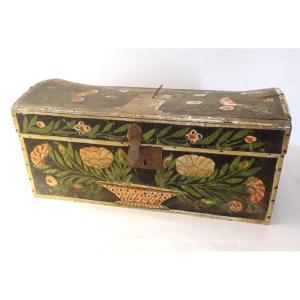 Coffre Coffret Mariage Normand Bois Peint Polychrome Oiseaux Fleurs XIXème