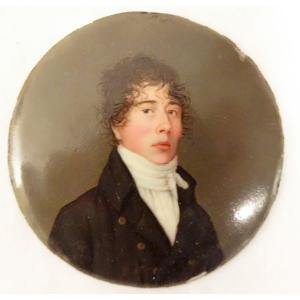 Miniature Ronde Sur émail Portrait Jeune Homme Signée Hamm Empire XIXème
