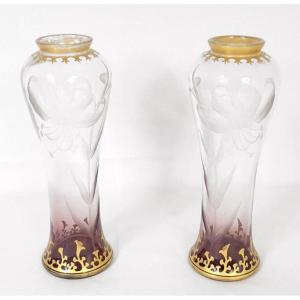 Paire Vases Cristal Gravé Fleurs Hibiscus Feuillage Dorure Art Nouveau XIXè