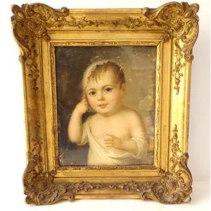 HST Tableau Portrait Jeune Enfant Cadre Stuqué Doré Fin XVIIIè Début XIXème