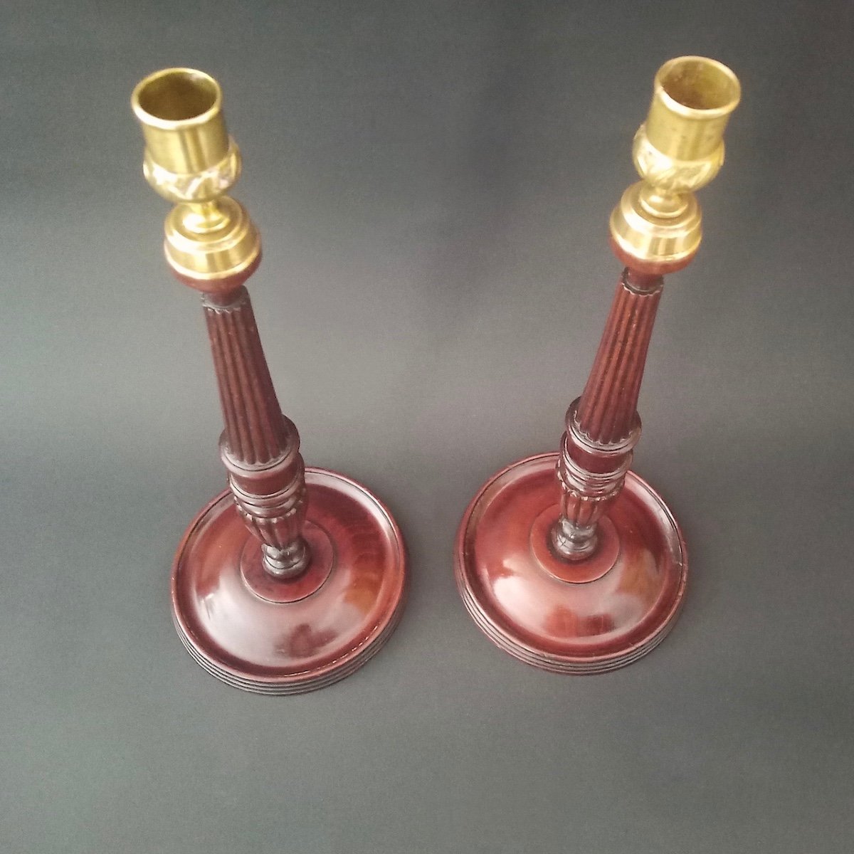 Pair Of English Candlesticks In Mahogany 18th Century-photo-3