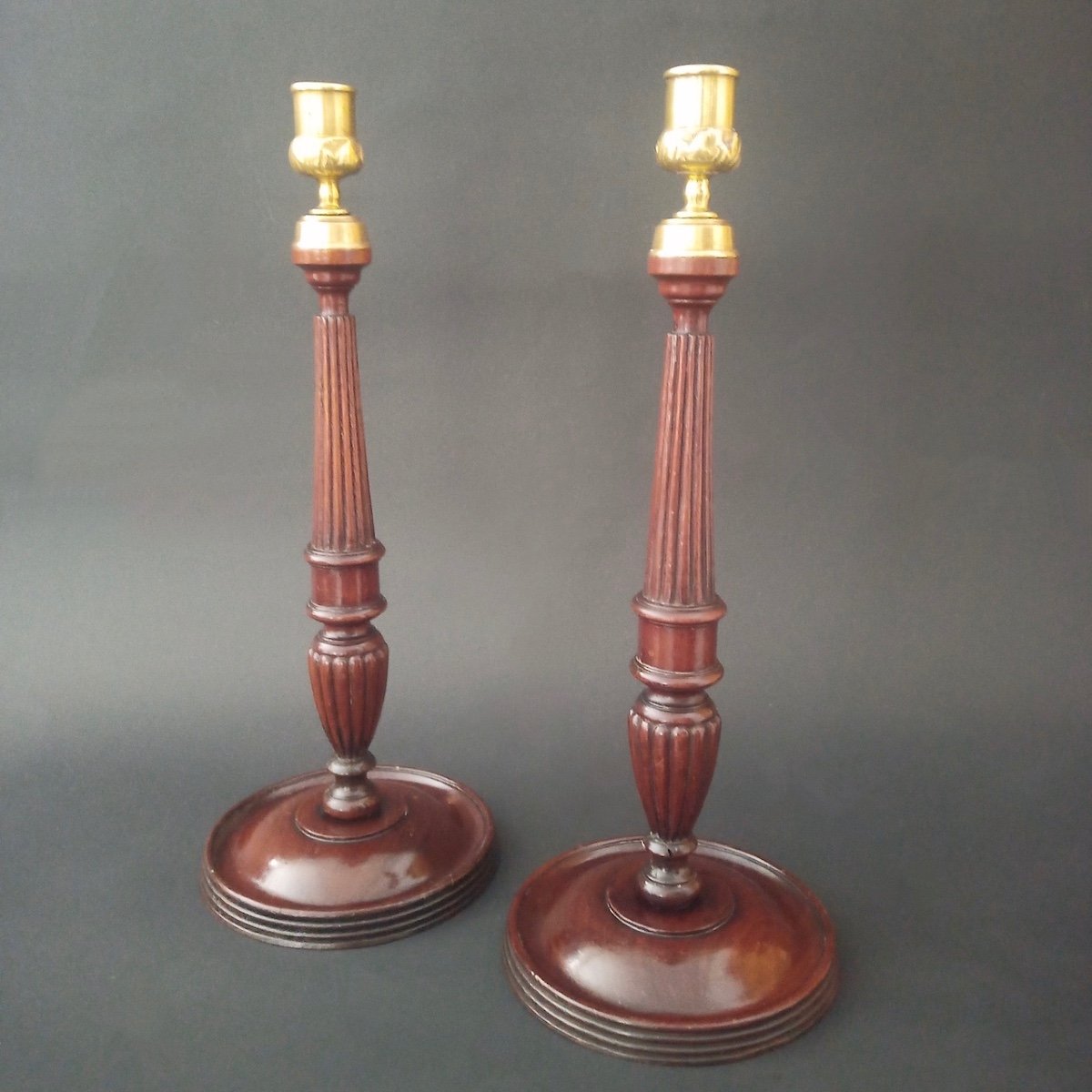 Pair Of English Candlesticks In Mahogany 18th Century-photo-5