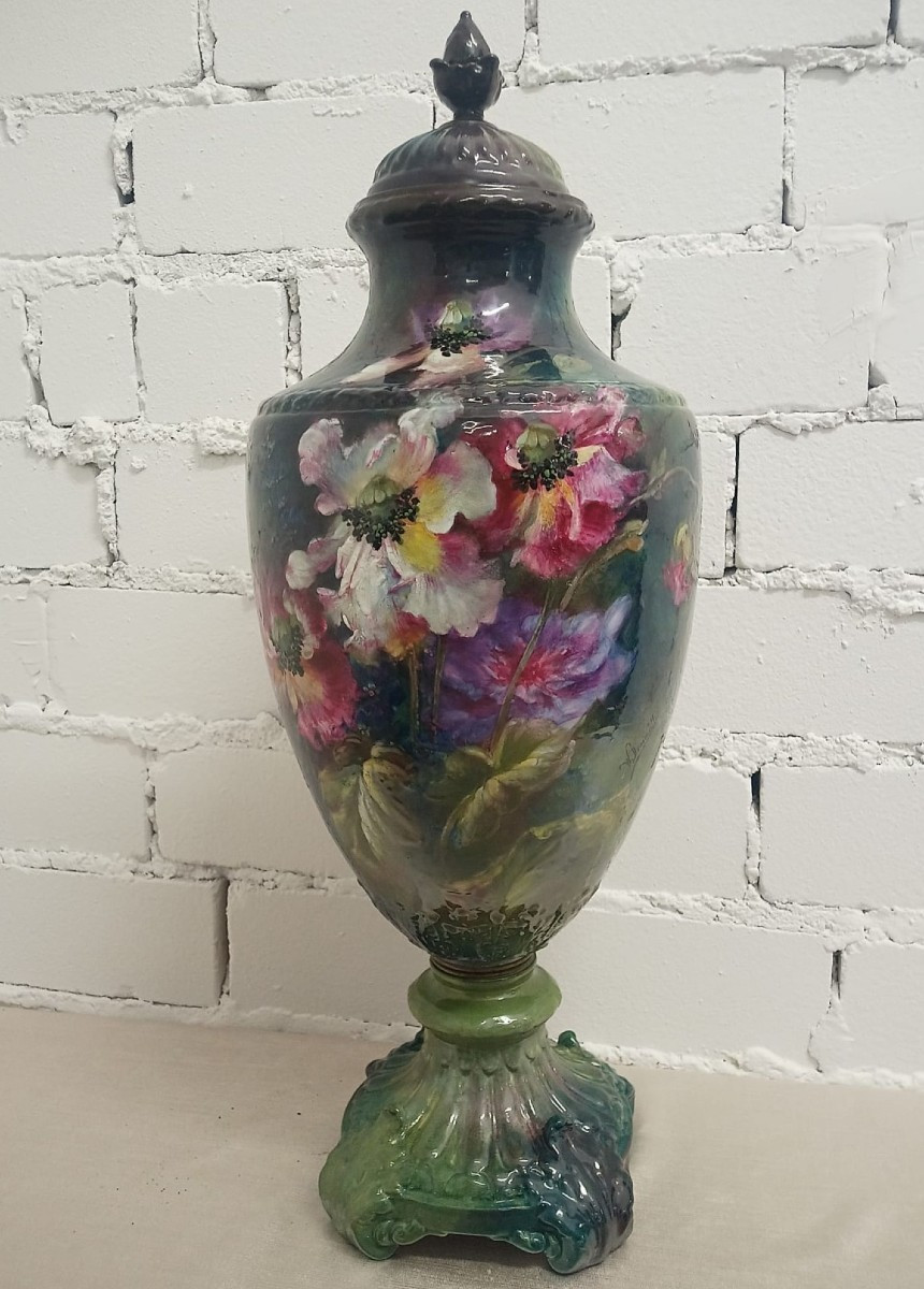 Grand vase à couvercle Art Nouveau par F. A. Mehlem, Bonn – vers 1900  – signé W. Dreimüller 