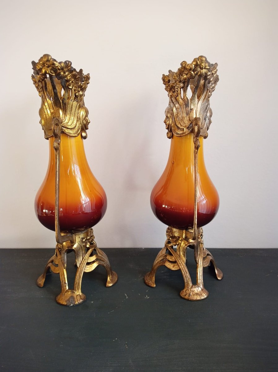 Paire de Vase en céramique Art nouveau Française avec monture en métal, vers 1900-1910, -photo-2