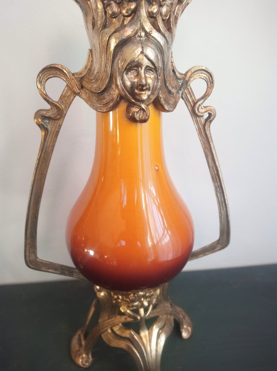 Paire de Vase en céramique Art nouveau Française avec monture en métal, vers 1900-1910, -photo-1