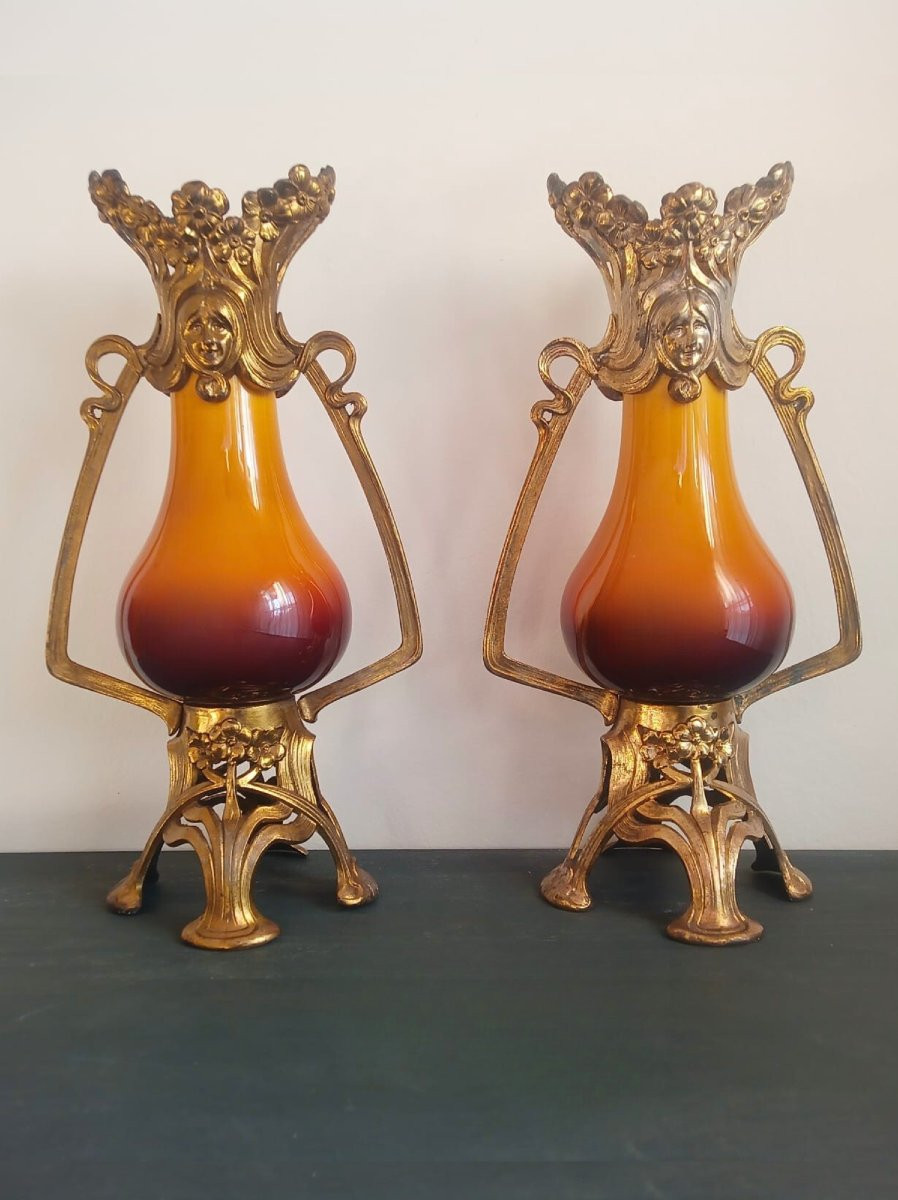 Paire de Vase en céramique Art nouveau Française avec monture en métal, vers 1900-1910, -photo-2