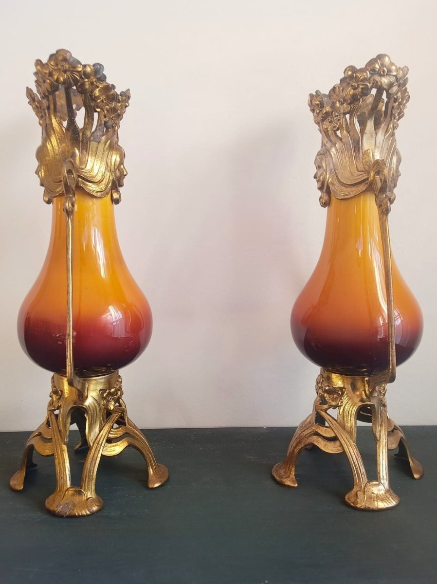 Paire de Vase en céramique Art nouveau Française avec monture en métal, vers 1900-1910, -photo-3