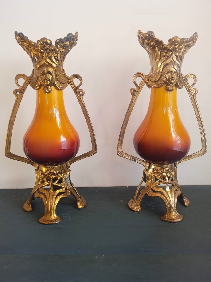 Paire de Vase en céramique Art nouveau Française avec monture en métal, vers 1900-1910, -photo-4