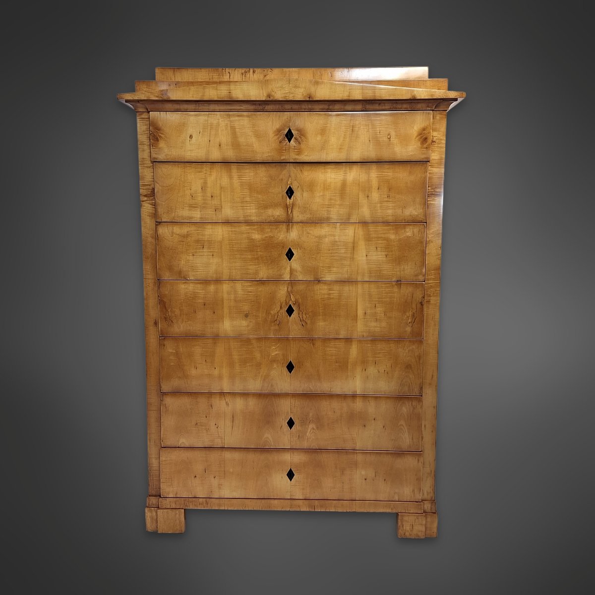 Biedermeier Pillar Chest Of Drawers With Pointed Gable, Maple Veneer, Thuringia Around 1825/30