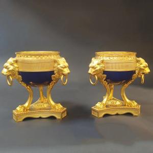 Potpourri Vase In Blue Sevre Porcelain And Golden Bronzes