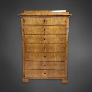 Biedermeier Pillar Chest Of Drawers With Pointed Gable, Maple Veneer, Thuringia Around 1825/30