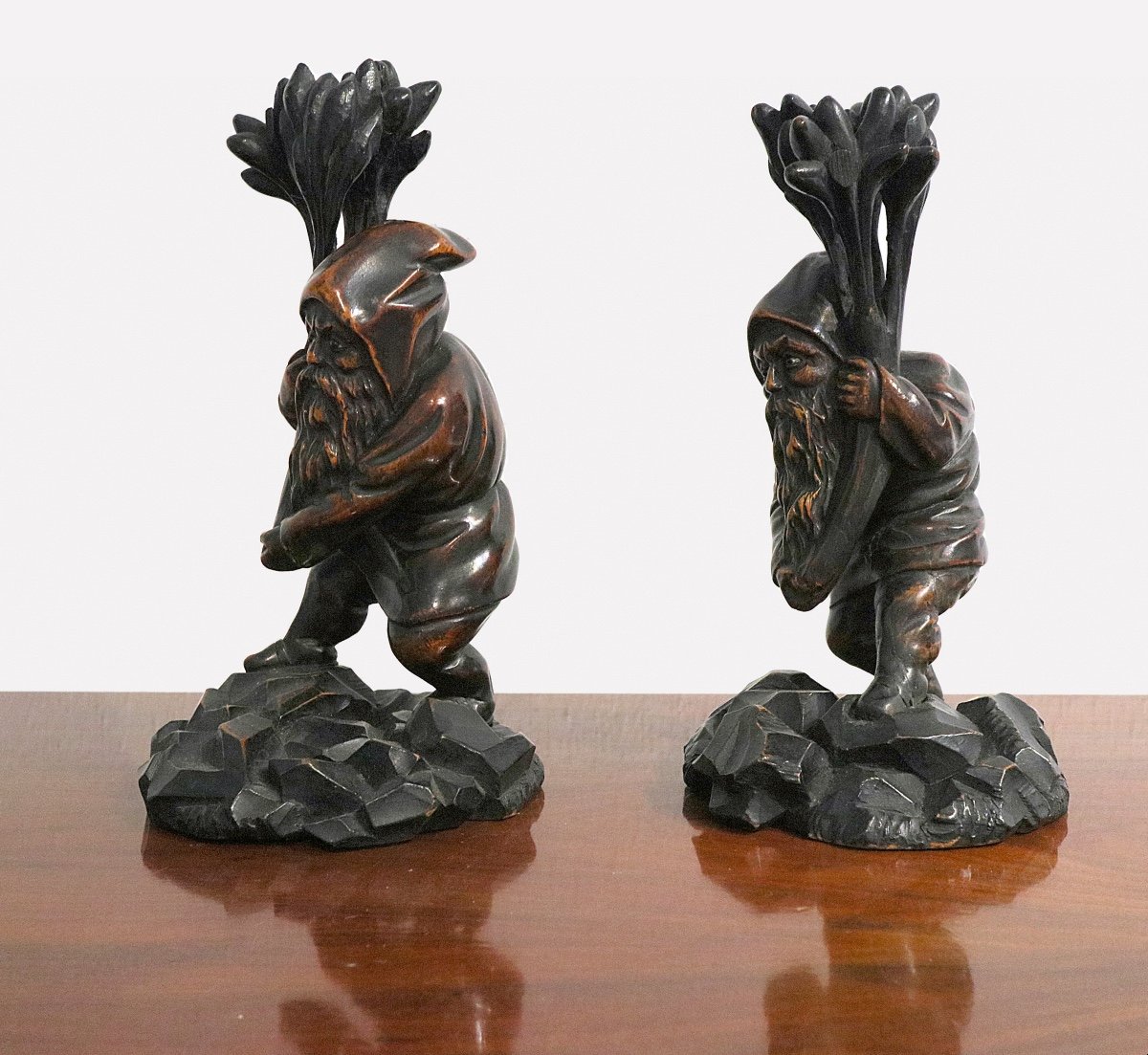 Pair Of Dwarfs In Carved Wood With Glass Eyes, Circa 1880-photo-3